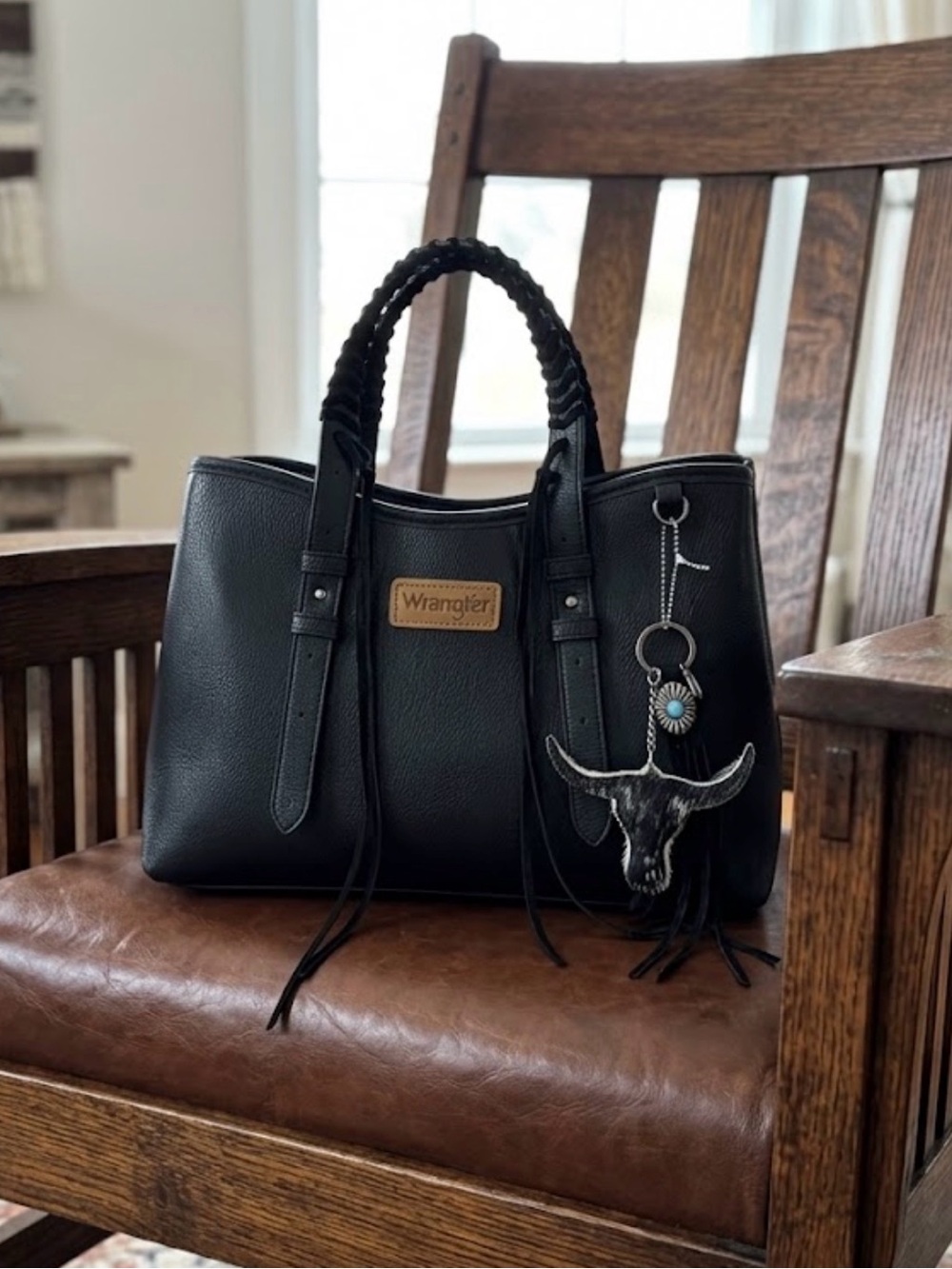 Wrangler Black Tote Bag with Braided Handles and Charms